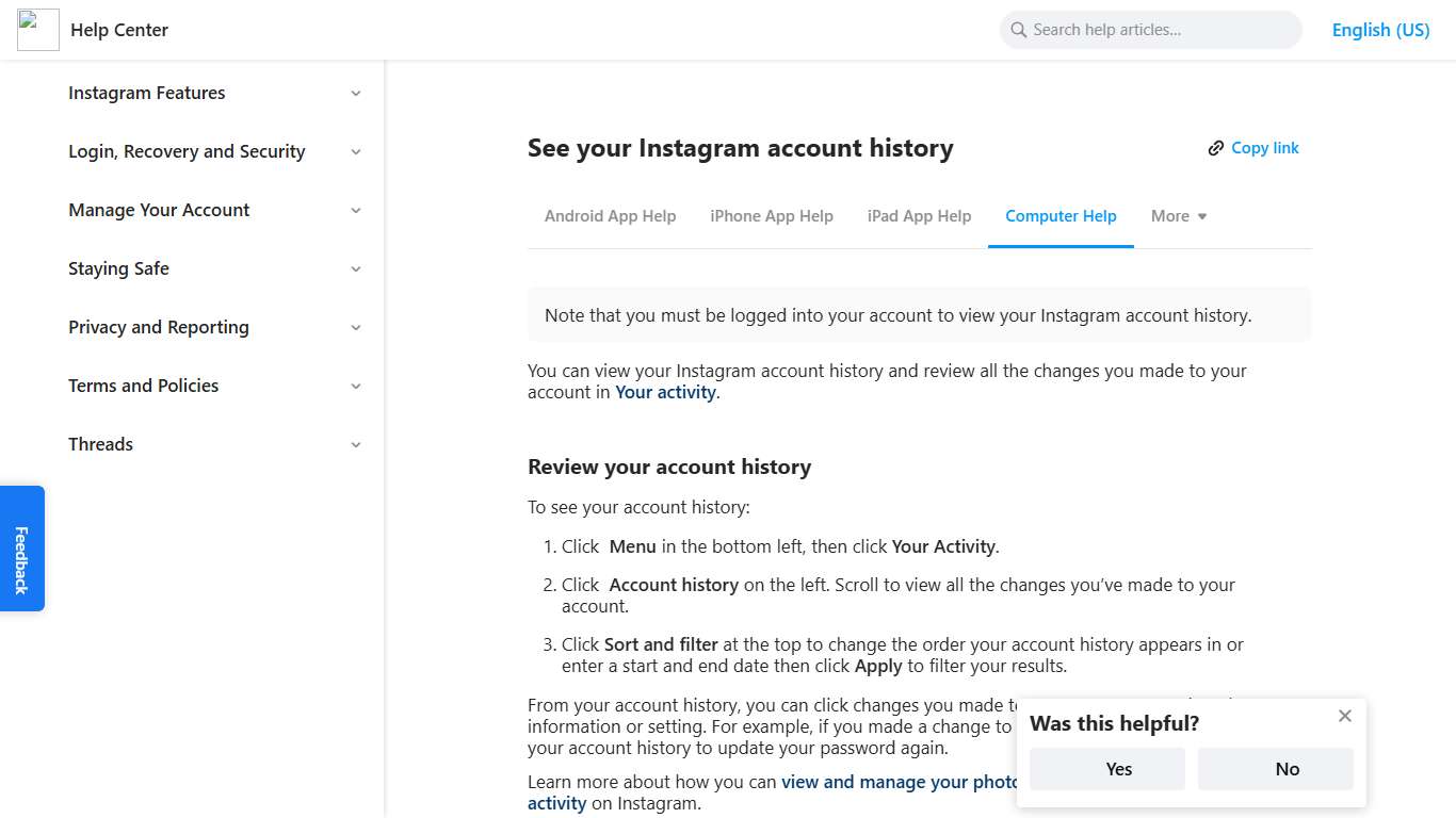 See your Instagram account history | Instagram Help Center